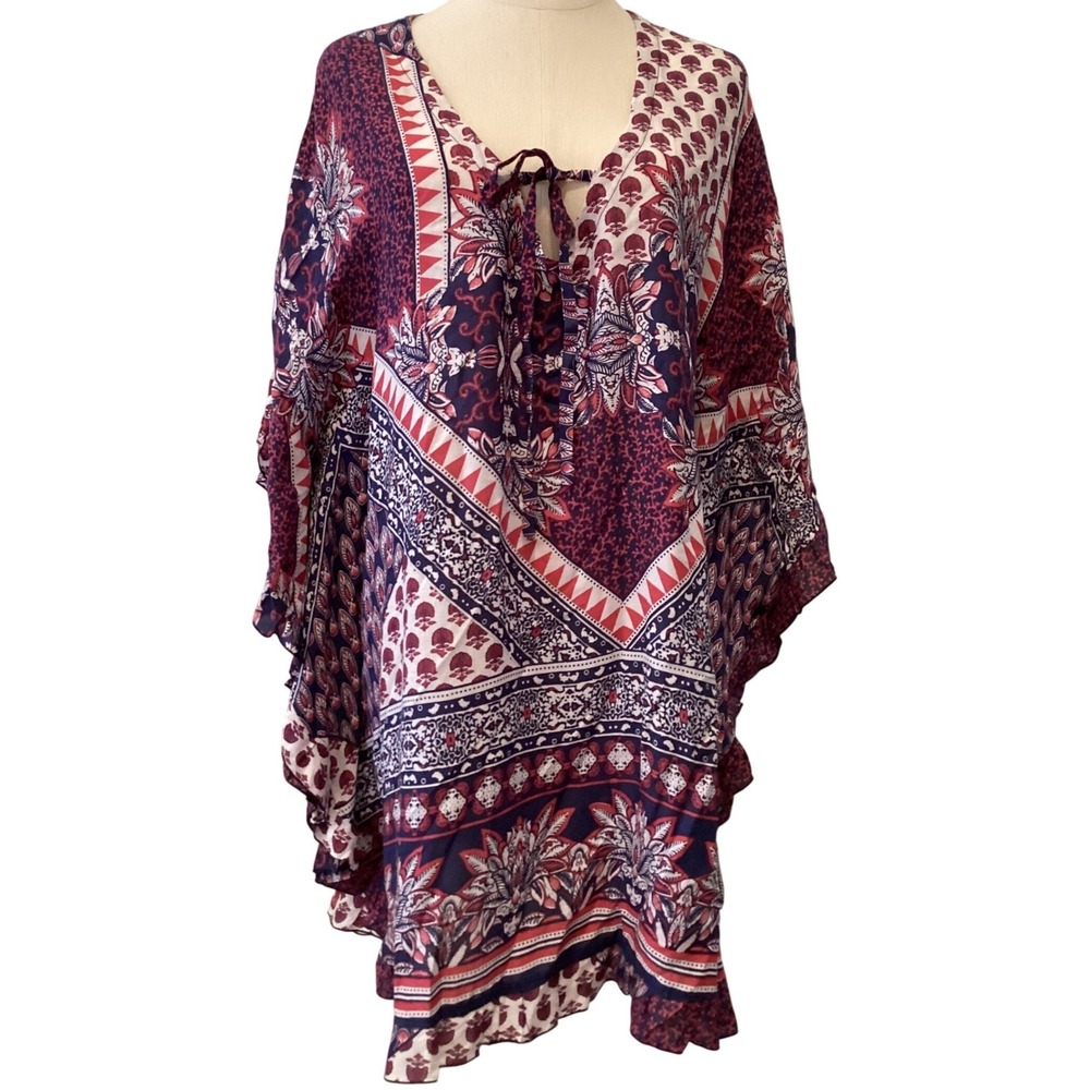 Swim Cover-Up Blue Burgundy Paisley Tunic Kimono Ruffle Resort - OS